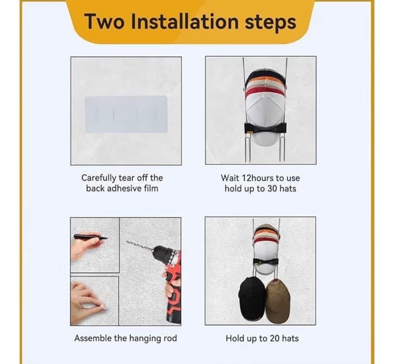 Howolaid 2-Pack Wall Mounted Baseball Cap Organizer and Hat Rack - Thumbnail 3