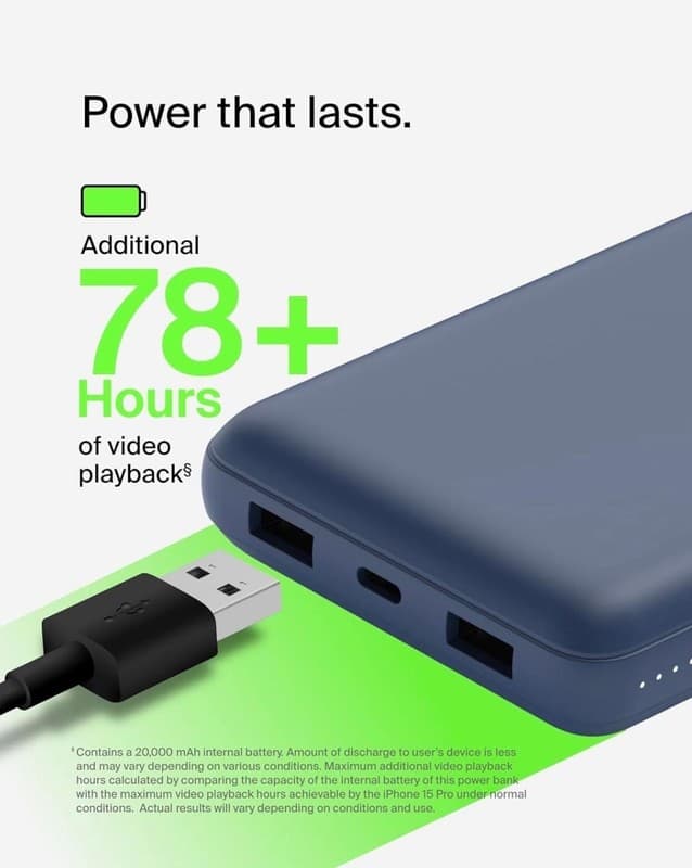 Belkin BoostCharge 20,000mAh Power Bank 15W with 3 Ports - Blue - Thumbnail 6