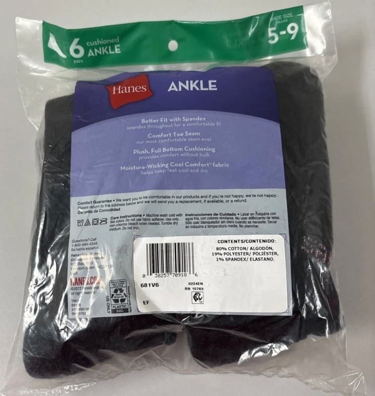 Hanes Women's Cushioned Ankle Socks, 6 Pairs, Black, Shoe Size 5-9 - Thumbnail 2