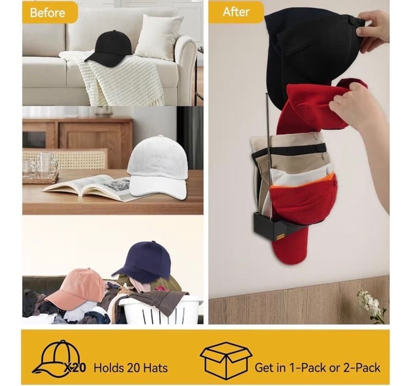 Howolaid 2-Pack Wall Mounted Baseball Cap Organizer and Hat Rack - Thumbnail 5