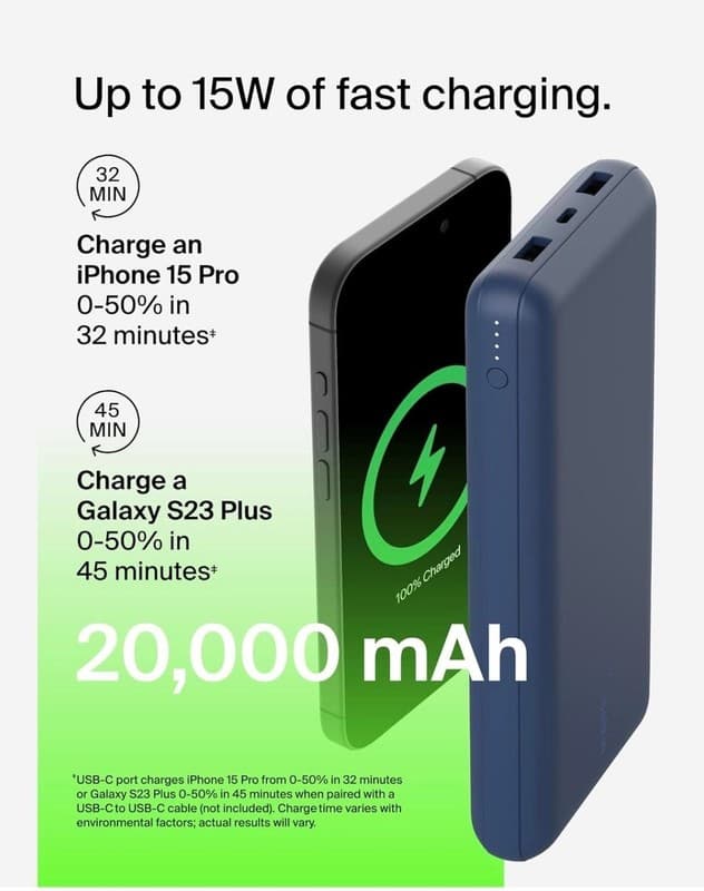 Belkin BoostCharge 20,000mAh Power Bank 15W with 3 Ports - Blue - Thumbnail 7