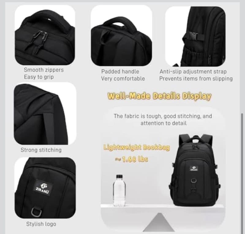 ZIRANU Casual Water Resistant School Backpack for Teens Boys, 18.89" Black - Thumbnail 6