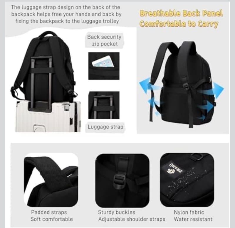 ZIRANU Casual Water Resistant School Backpack for Teens Boys, 18.89" Black - Thumbnail 5