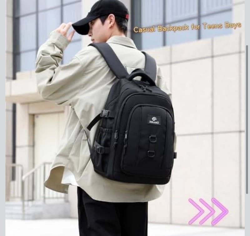 ZIRANU Casual Water Resistant School Backpack for Teens Boys, 18.89" Black - Thumbnail 2