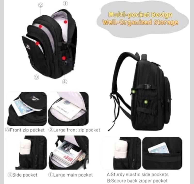 ZIRANU Casual Water Resistant School Backpack for Teens Boys, 18.89" Black - Thumbnail 4