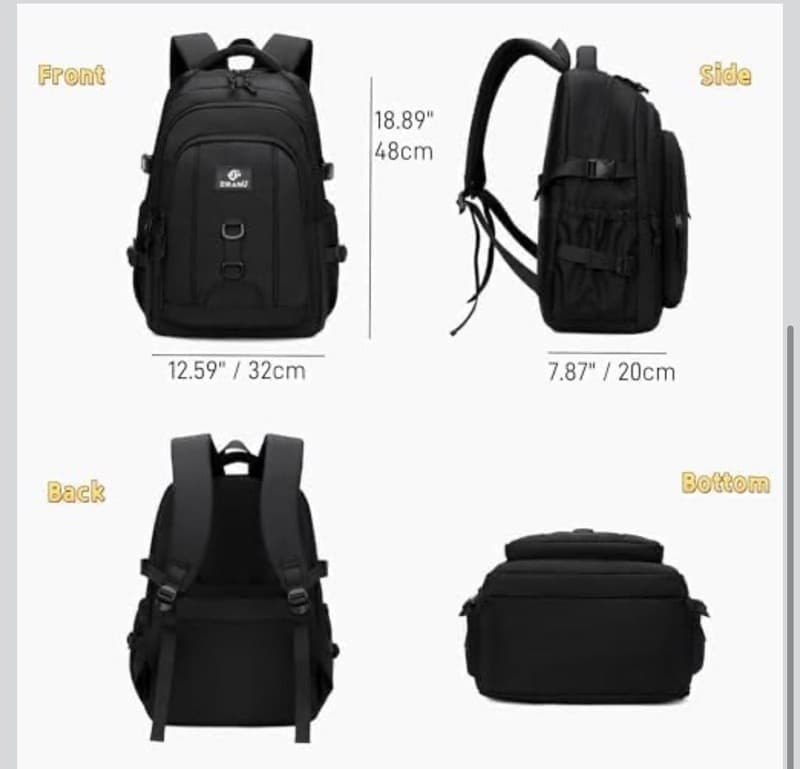 ZIRANU Casual Water Resistant School Backpack for Teens Boys, 18.89" Black - Thumbnail 3