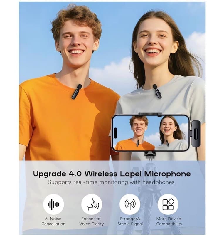2-Pack Wireless Lavalier Mic with AI Noise Cancellation and Lightning/USB-C Adap - Thumbnail 2