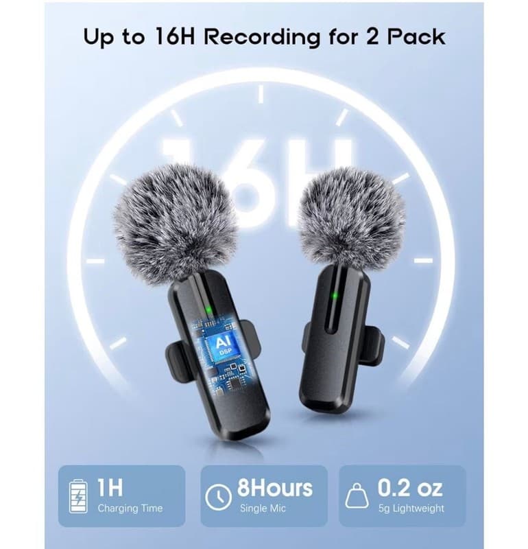 2-Pack Wireless Lavalier Mic with AI Noise Cancellation and Lightning/USB-C Adap - Thumbnail 4