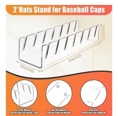 Hat Stand for Baseball Caps 2 Pack No Install Acrylic Organizer for 14 Storage - Thumbnail 2