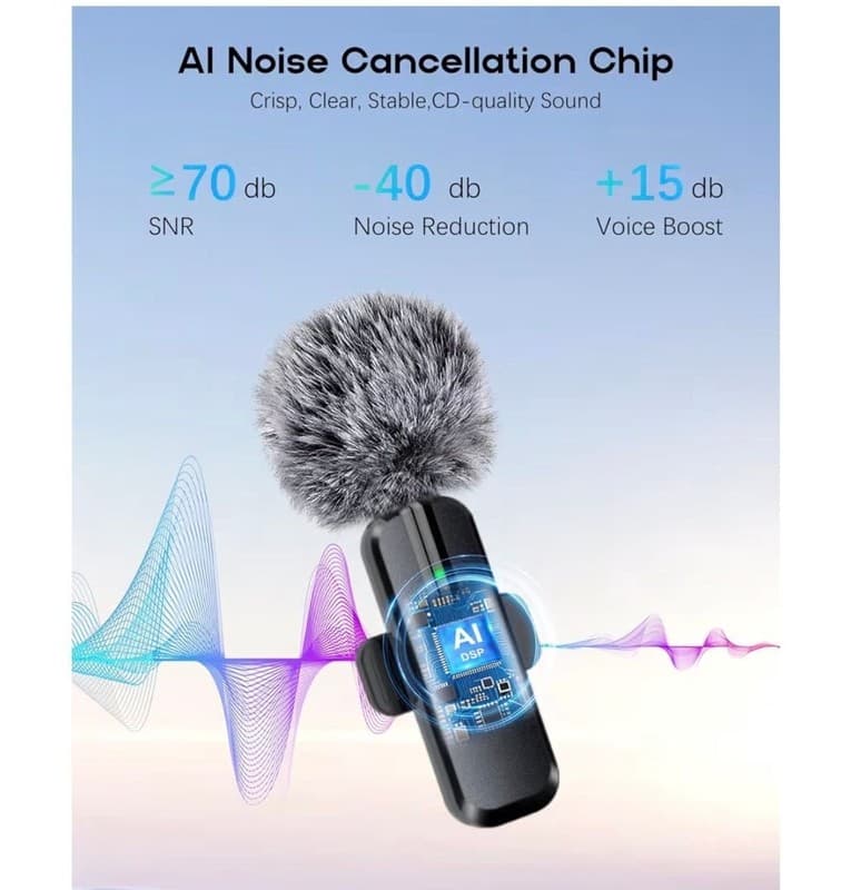 2-Pack Wireless Lavalier Mic with AI Noise Cancellation and Lightning/USB-C Adap - Thumbnail 3