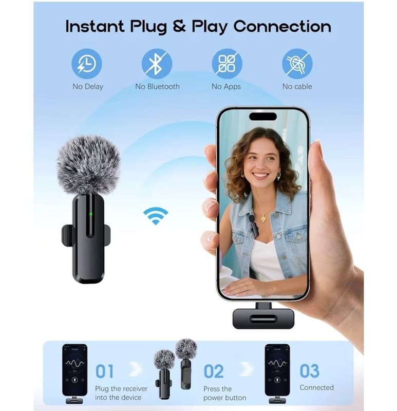 2-Pack Wireless Lavalier Mic with AI Noise Cancellation and Lightning/USB-C Adap - Thumbnail 6