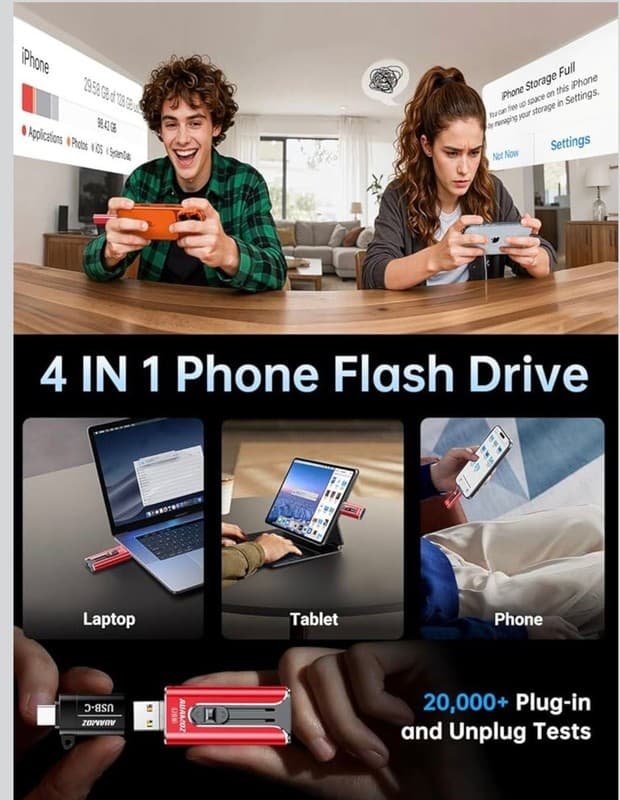 AUAMOZ 4-in-1 Multi-Port USB Flash Drive for iPhone, iPad, and Android - Thumbnail 4