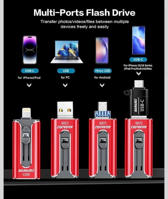 AUAMOZ 4-in-1 Multi-Port USB Flash Drive for iPhone, iPad, and Android - Thumbnail 2
