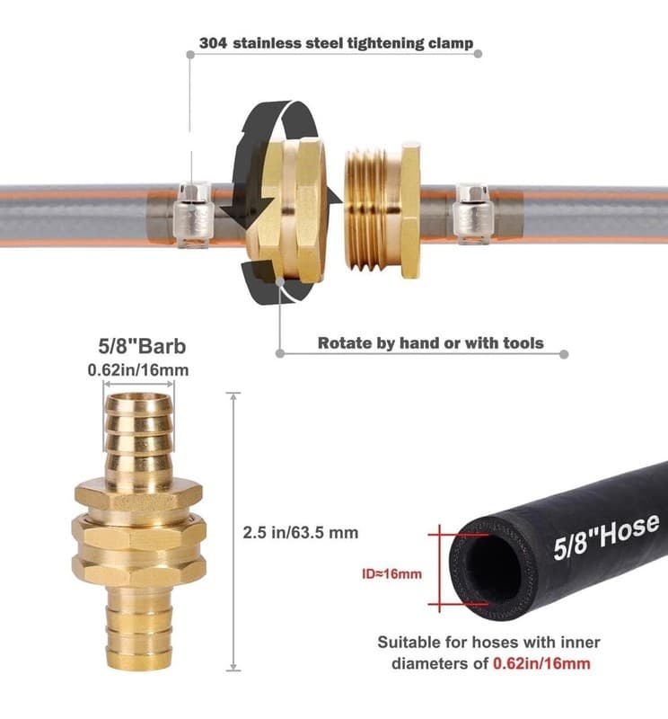 Twinkle Star Solid Brass Garden Hose Repair Connector with Clamps, Male and Fema - Thumbnail 2