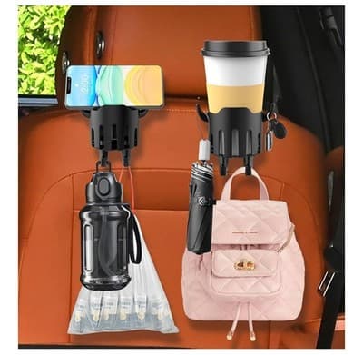 2PCS Multifunctional Car Cup Holder & Headrest Hooks – Back Seat Organizer - Thumbnail 2