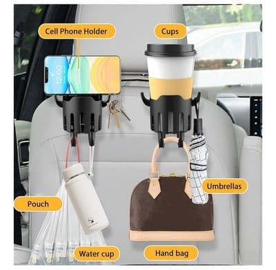 2PCS Multifunctional Car Cup Holder & Headrest Hooks – Back Seat Organizer - Thumbnail 5