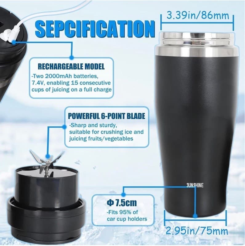 3UNSHINE Portable Electric Blender and Travel Mug 28oz - Thumbnail 4