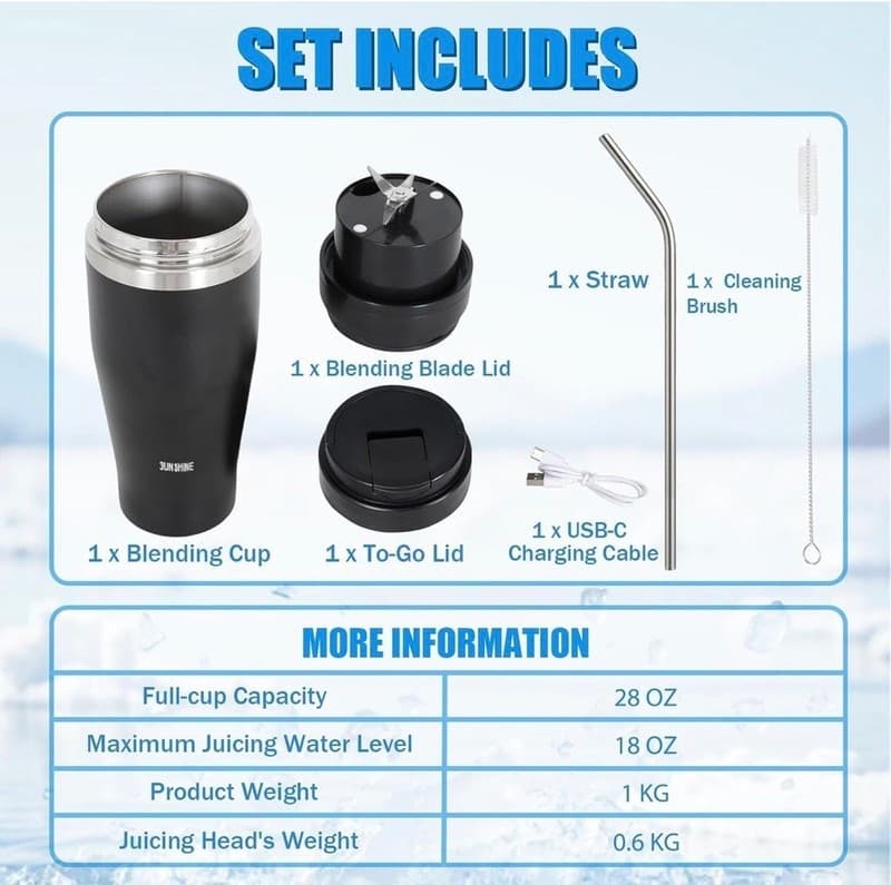 3UNSHINE Portable Electric Blender and Travel Mug 28oz - Thumbnail 6