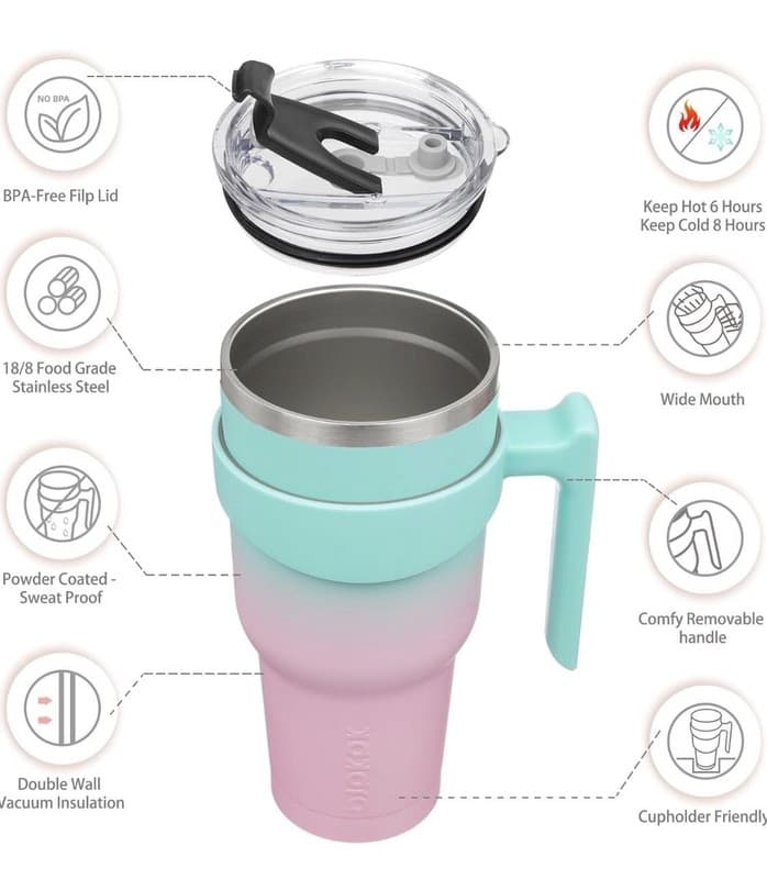 BJPKPK 40 oz Tumbler With Handle Insulated Tumblers With Lid And Extra Lid Stain - Thumbnail 3