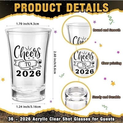 18 Sets 2026 New Year's Eve Party Favors, Acrylic Clear Shot Glasses with Cheers - Thumbnail 3