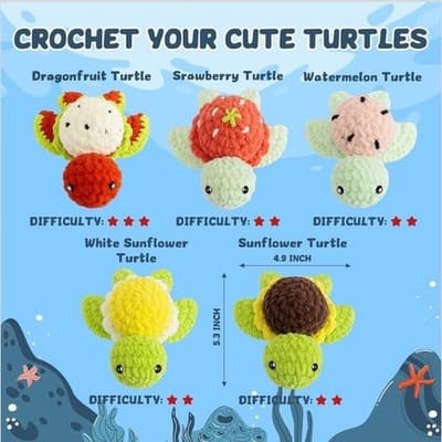 Pop Cochie Fruit Turtle Crochet Kit for Beginners, 5-in-1 Amigurumi Set - Thumbnail 2