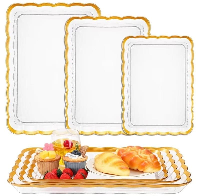 3-Piece Set Gold Wave Edge Rectangular Plastic Serving Trays