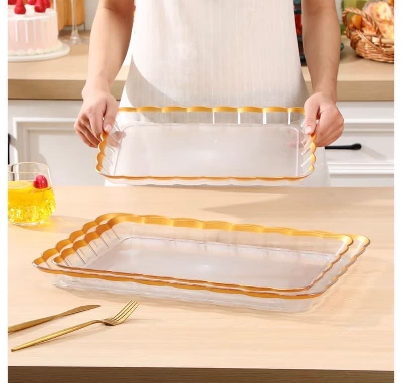3-Piece Set Gold Wave Edge Rectangular Plastic Serving Trays - Thumbnail 2