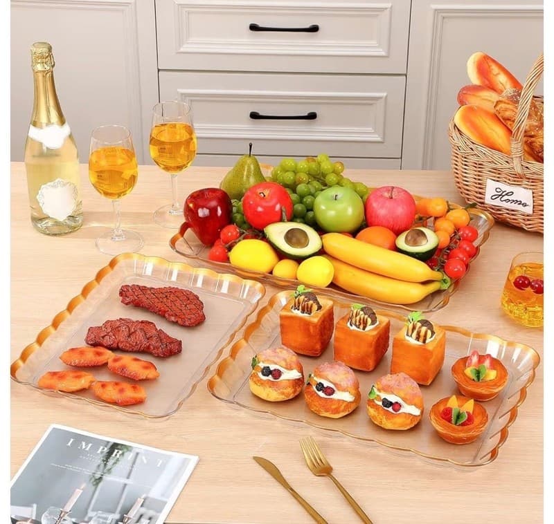 3-Piece Set Gold Wave Edge Rectangular Plastic Serving Trays - Thumbnail 5
