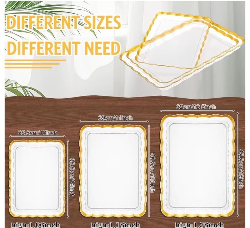 3-Piece Set Gold Wave Edge Rectangular Plastic Serving Trays - Thumbnail 3