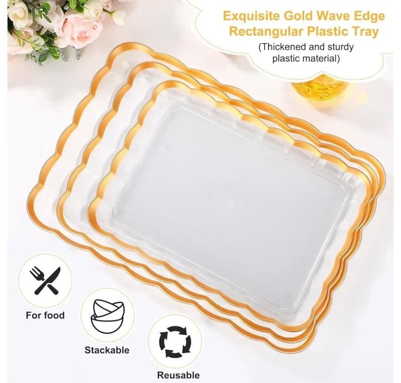 3-Piece Set Gold Wave Edge Rectangular Plastic Serving Trays - Thumbnail 4