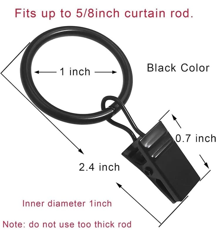LLPJS 100 Pack Black Curtain Rings with Clips, 1 Inch Interior Diameter - Thumbnail 3