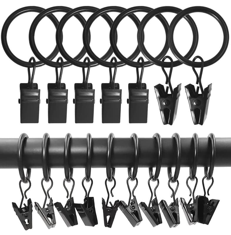 LLPJS 100 Pack Black Curtain Rings with Clips, 1 Inch Interior Diameter