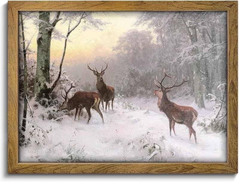 Deers in the Winter Forest Framed Canvas Wall Art