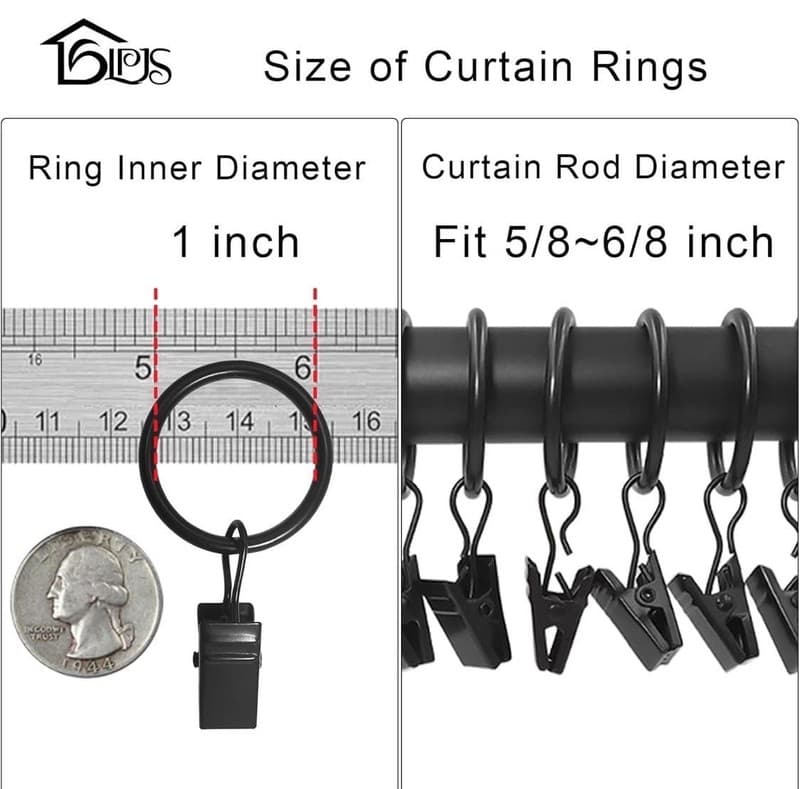 LLPJS 100 Pack Black Curtain Rings with Clips, 1 Inch Interior Diameter - Thumbnail 4