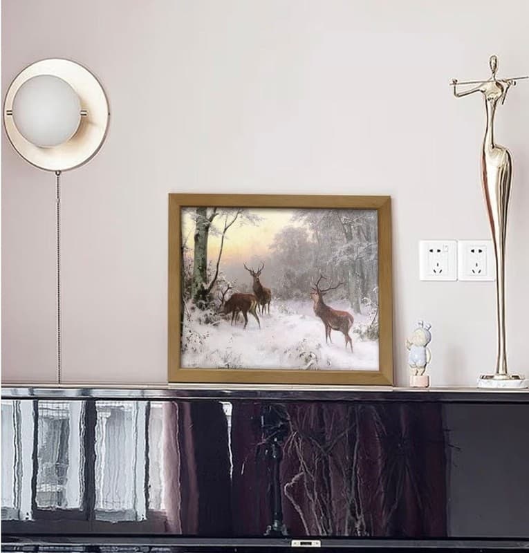 Deers in the Winter Forest Framed Canvas Wall Art - Thumbnail 2