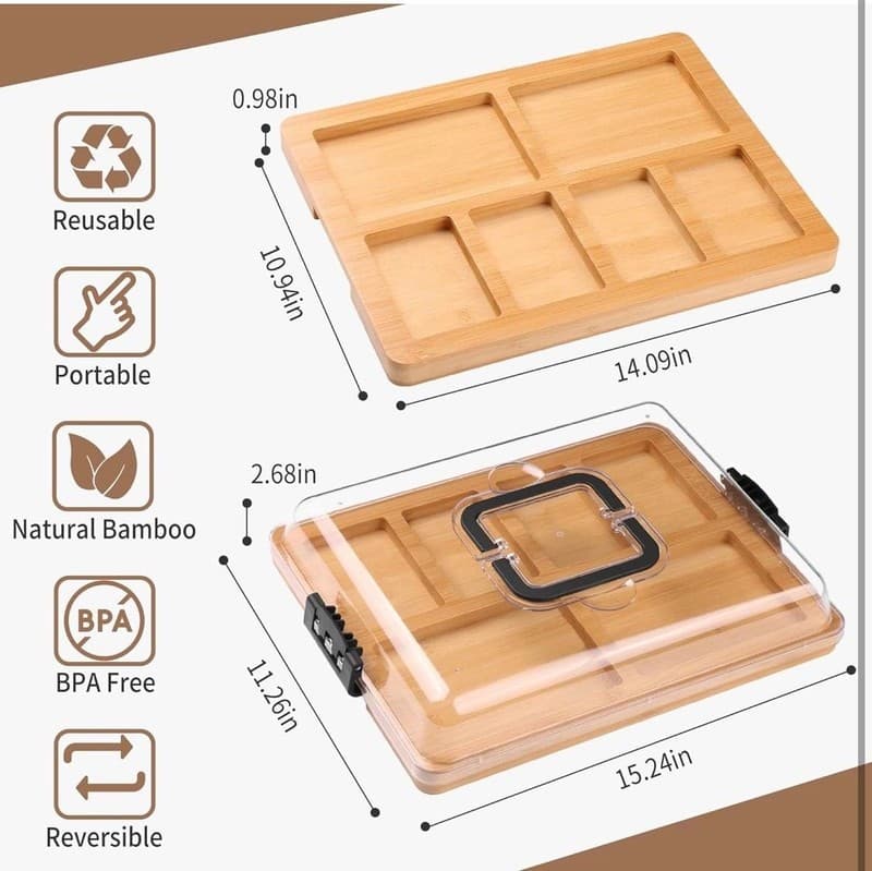CAWIU Portable Bamboo Charcuterie Board Set with Locking Lid, Handle, and 4 Chee - Thumbnail 2