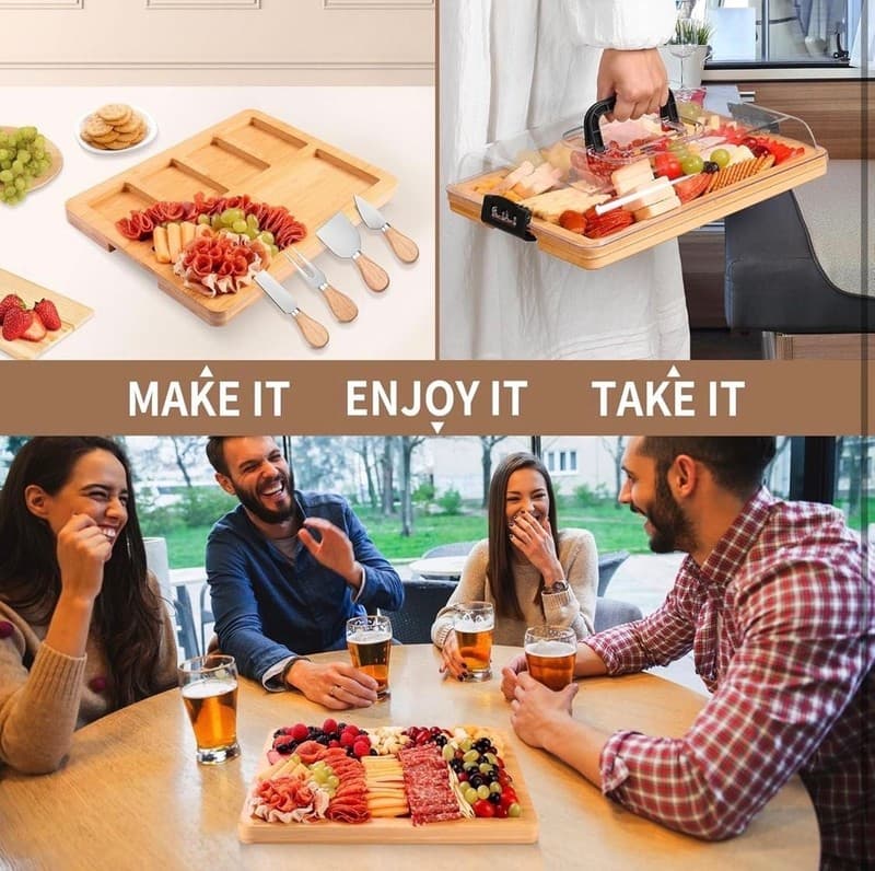CAWIU Portable Bamboo Charcuterie Board Set with Locking Lid, Handle, and 4 Chee - Thumbnail 4