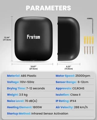 1800W Commercial Hand Dryers, High Speed Hand Dryer for Home, Bathrooms - Thumbnail 3