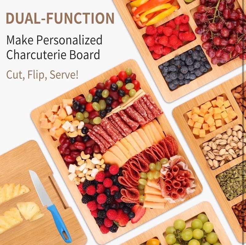 CAWIU Portable Bamboo Charcuterie Board Set with Locking Lid, Handle, and 4 Chee - Thumbnail 5