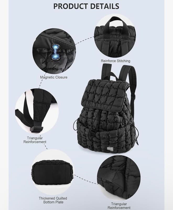 CONTAIL Black Puffy Quilted Backpack Lightweight Cloud Bag - Thumbnail 7