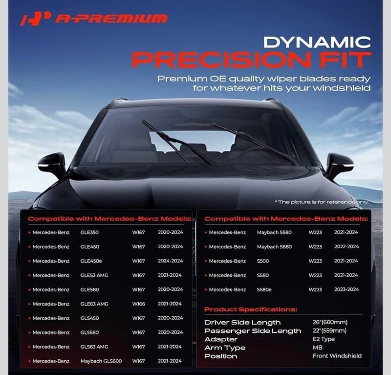 A-Premium 26" and 22" OE Quality Wiper Blades for Mercedes-Benz GLE-Class, GLS-C - Thumbnail 2