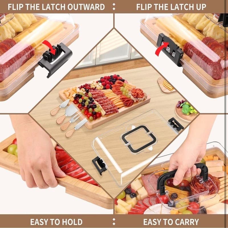 CAWIU Portable Bamboo Charcuterie Board Set with Locking Lid, Handle, and 4 Chee - Thumbnail 3