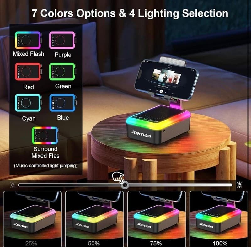 JTEMAN Cell Phone Stand with Bluetooth Speaker and RGB LED Rhythm Light - Thumbnail 3