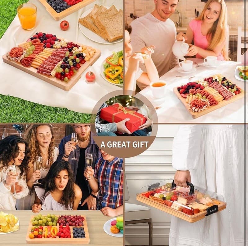 CAWIU Portable Bamboo Charcuterie Board Set with Locking Lid, Handle, and 4 Chee - Thumbnail 6