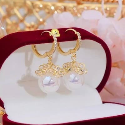 Flower Zircon Hoop Earrings For Women Wedding Engagement Faux Pearl Dangle - Thumbnail 2