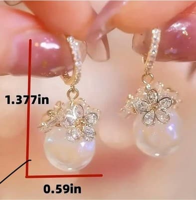 Flower Zircon Hoop Earrings For Women Wedding Engagement Faux Pearl Dangle - Thumbnail 3