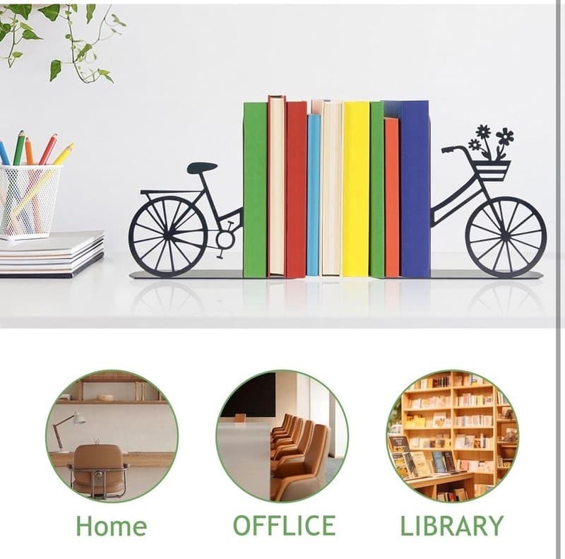 Bicycle Metal Bookends, Black Floral Bike Decorative Book Ends for Shelves - Thumbnail 6