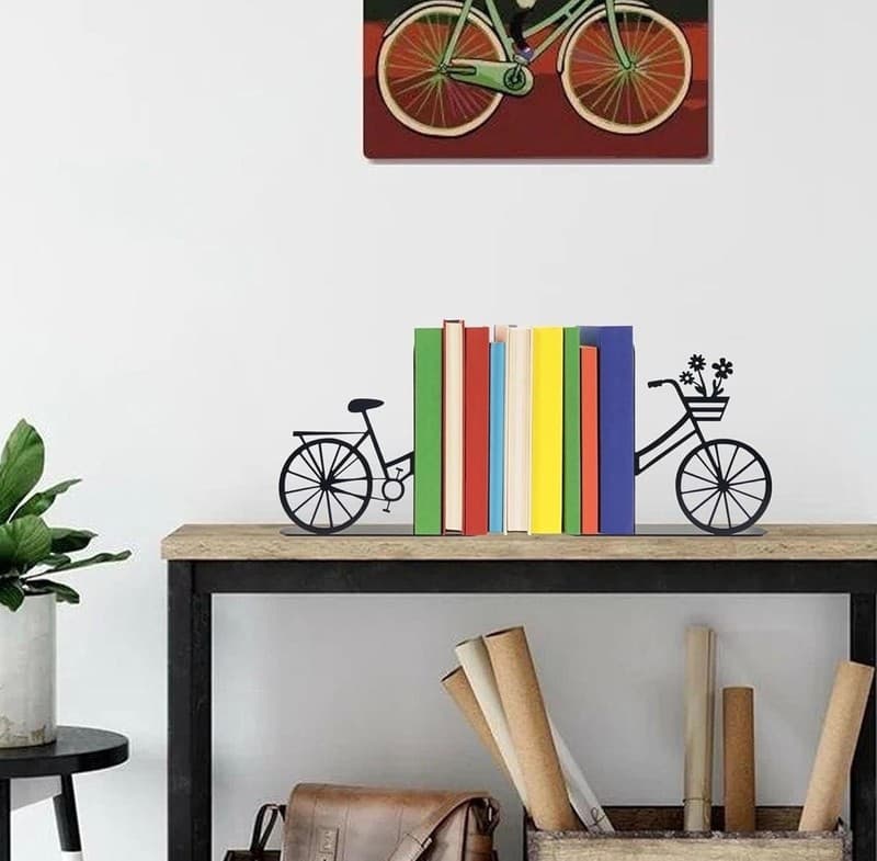 Bicycle Metal Bookends, Black Floral Bike Decorative Book Ends for Shelves - Thumbnail 4