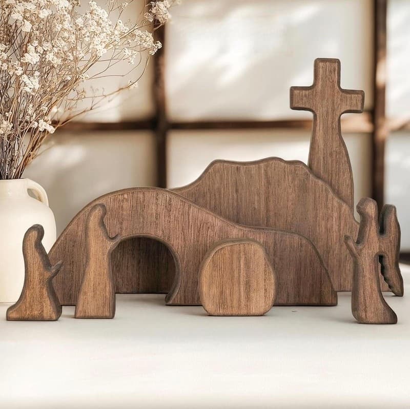 NEROSUN Wooden Easter Resurrection Scene Cross Jesus Tomb Tray Set, Brown Tablet