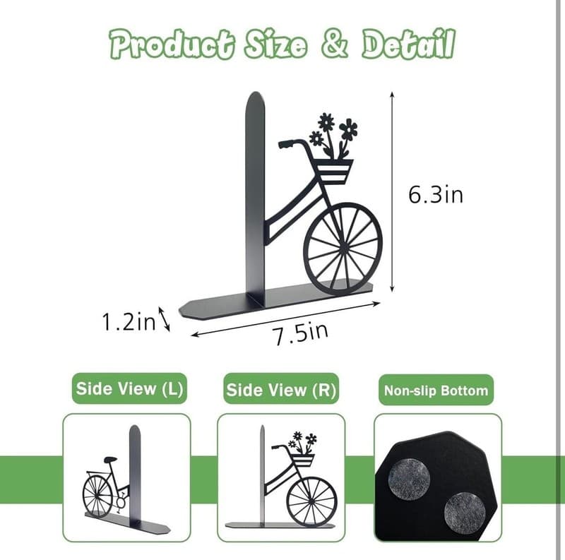 Bicycle Metal Bookends, Black Floral Bike Decorative Book Ends for Shelves - Thumbnail 3